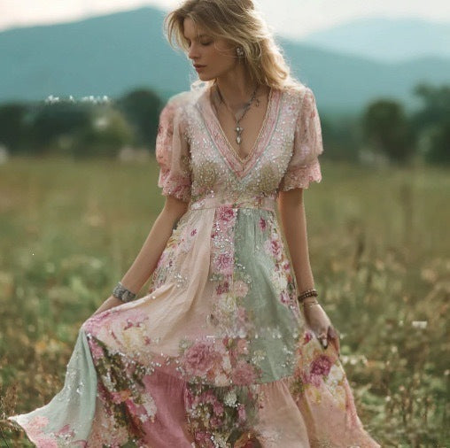 Women's Floral Print Deep V-Neck Sleeveless Slim Fit Midi Dress