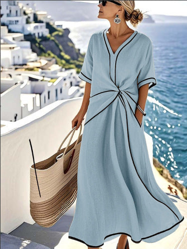 Womens Elegant V-Neck Short Sleeve A-Line Dress Loose Fit
