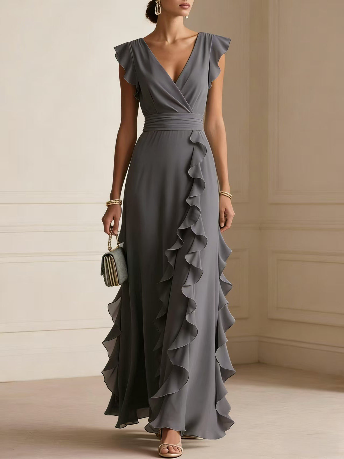 Solid Color, Ruched, Short-Sleeve, V-Neck, Dress, Chiffon Gown
