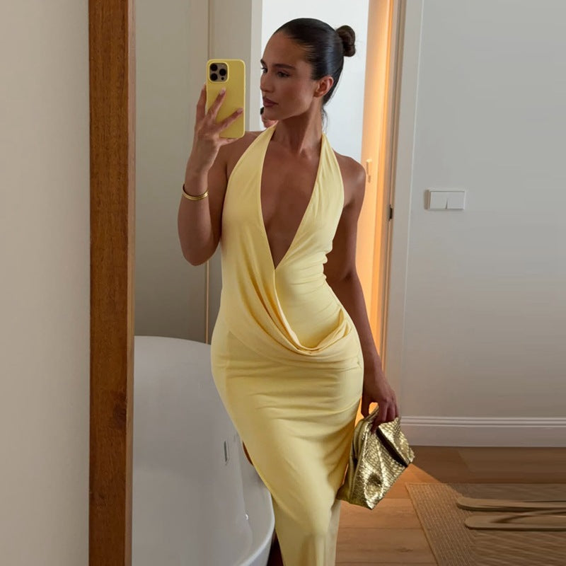 Halter Neck Deep V Backless Slit Dress