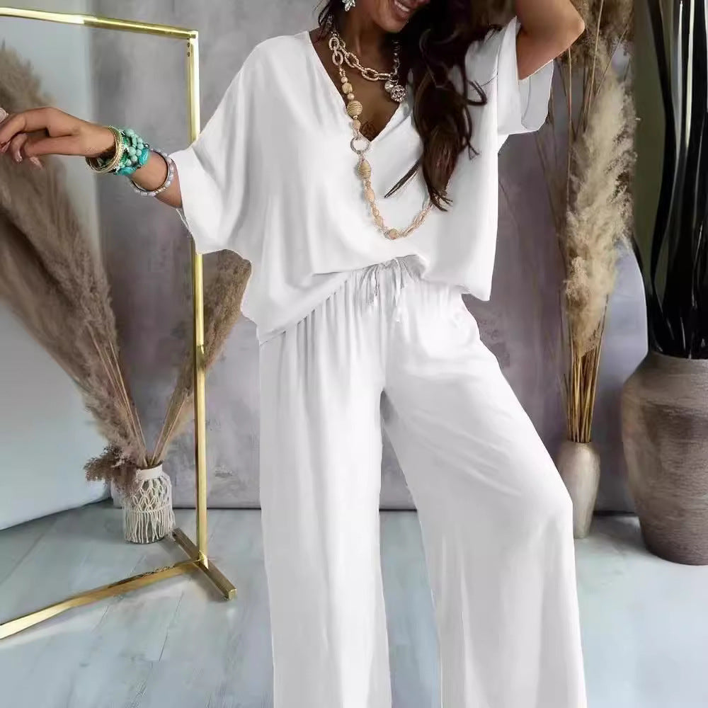 Womens V-Neck Bat Sleeve Wide Leg Pants Set