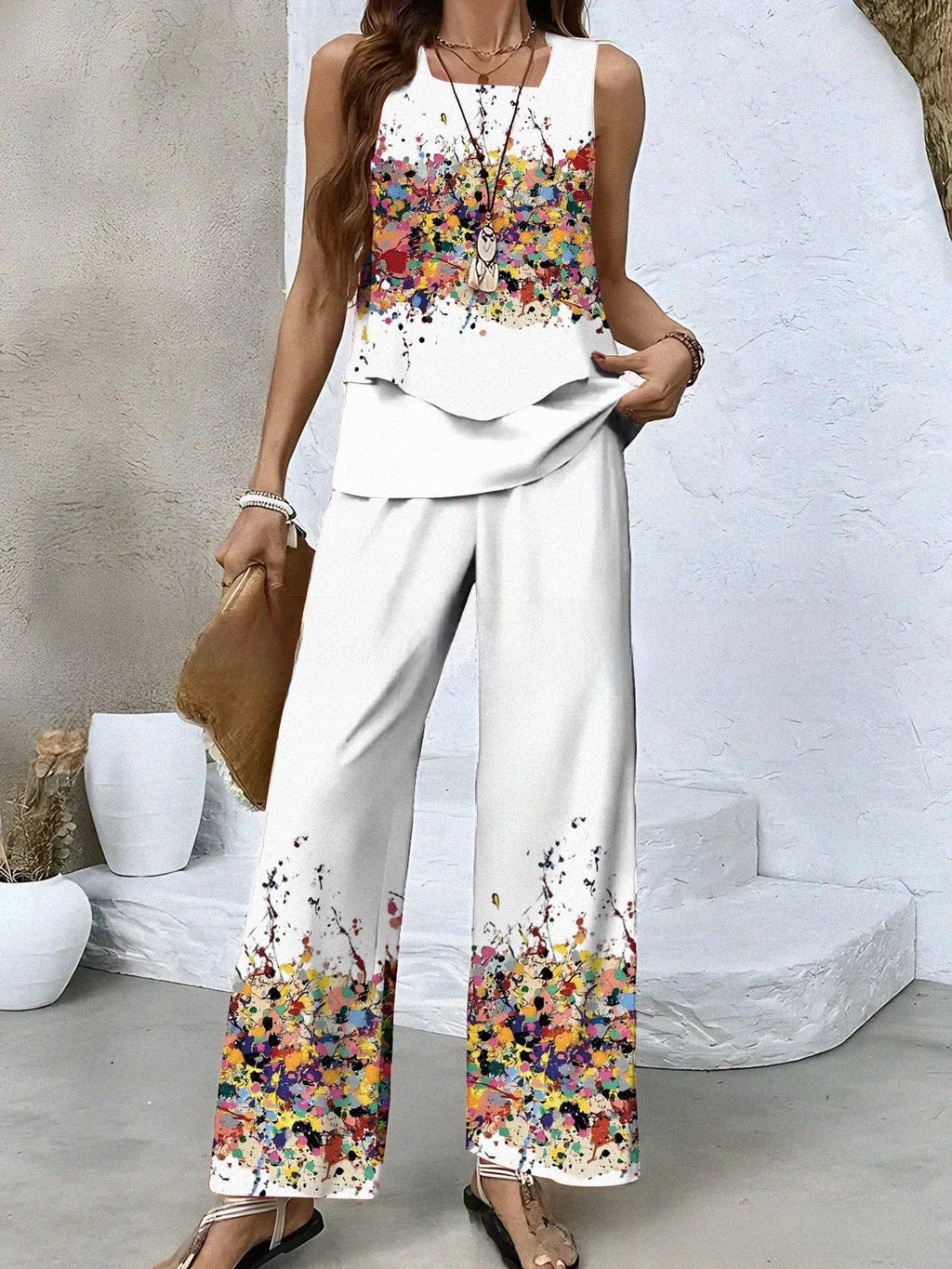 Womens Sleeveless Double-Layer Vest Top and Pants Set