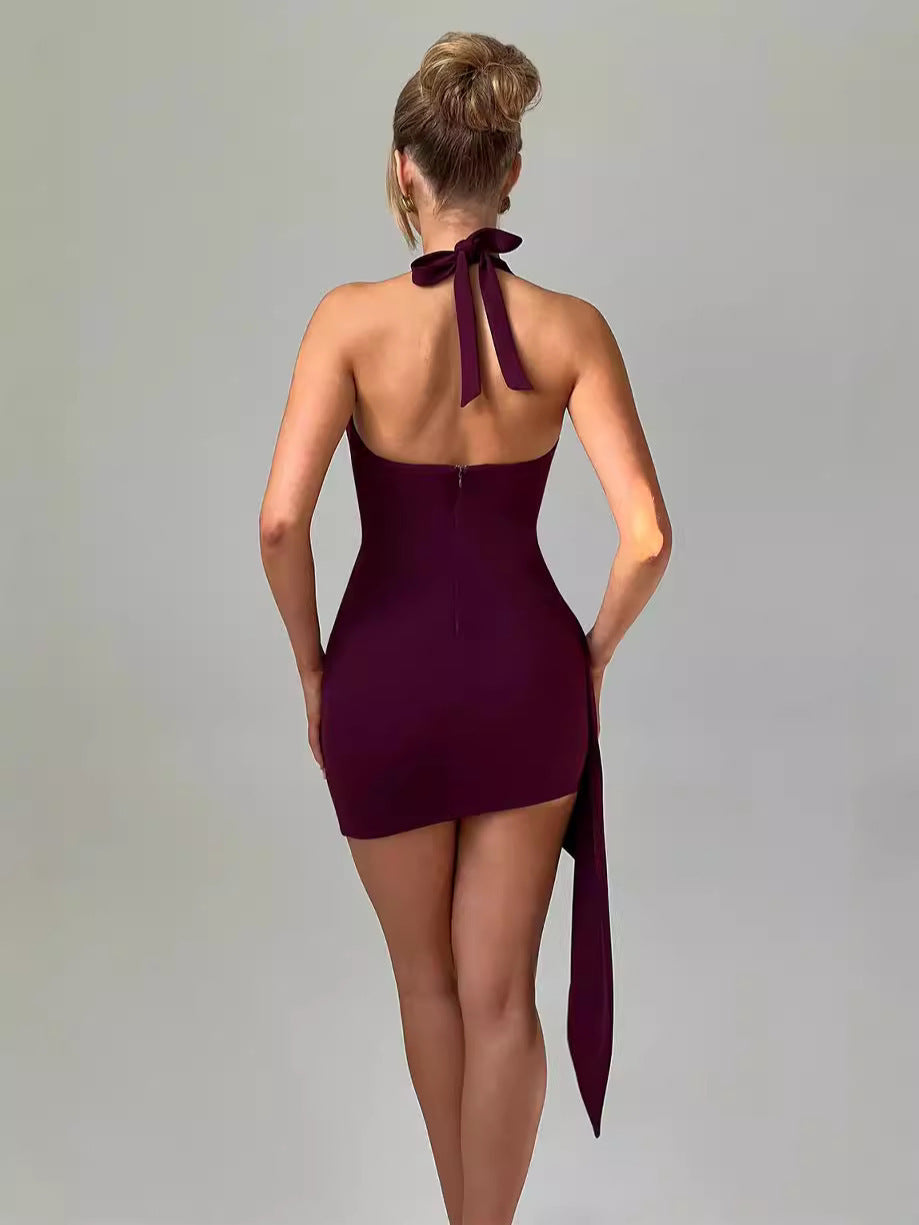 Womens V-neck Halter Backless Slim Dress