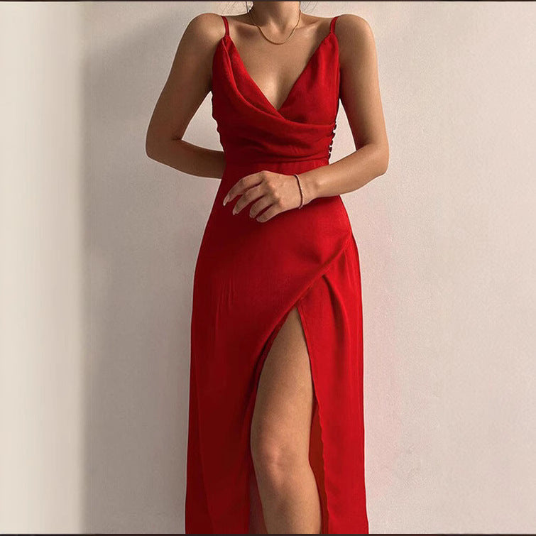 Strapless V-neck slit printed dress