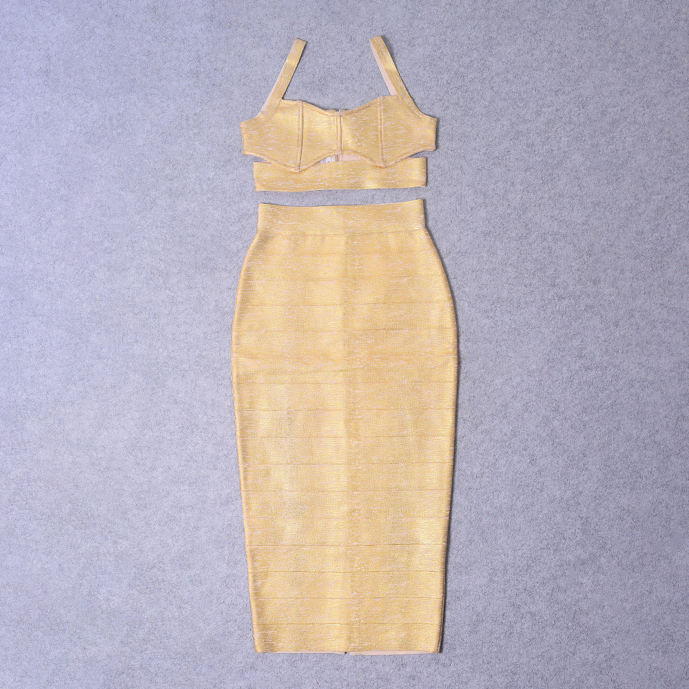 Women's gold-embossed bandage top long dress