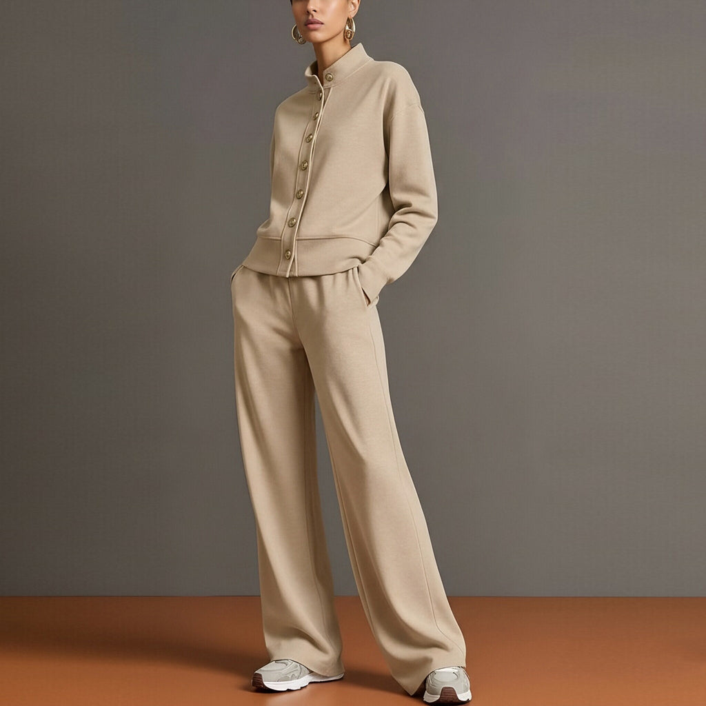 Women's Solid Color Stand Collar Sweatshirt and Wide Leg Pants Casual Two Piece Set