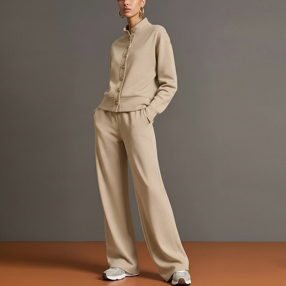 Women's Solid Color Stand Collar Sweatshirt and Wide Leg Pants Casual Two Piece Set