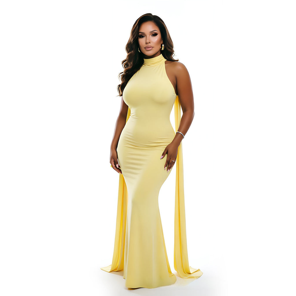 Halter Neck Fishtail Evening Gown with Cape