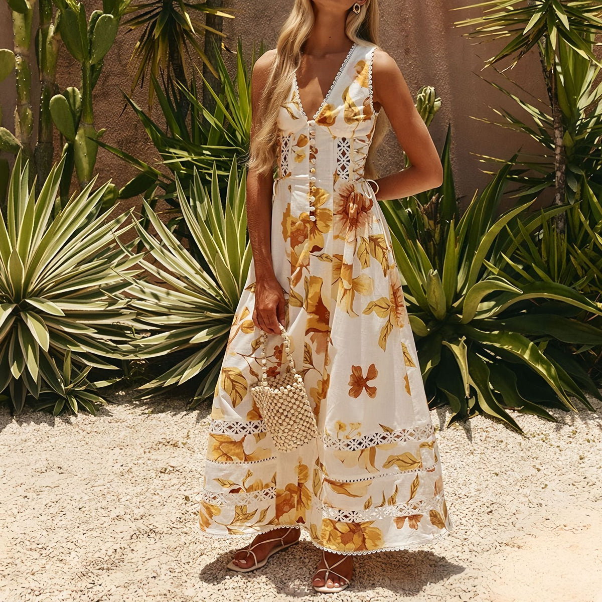 Taop&Za Resort-Style V-Neck Waist-Cinching Slimming Lace Hollow-Out Tie-Waist Floral Long Dress
