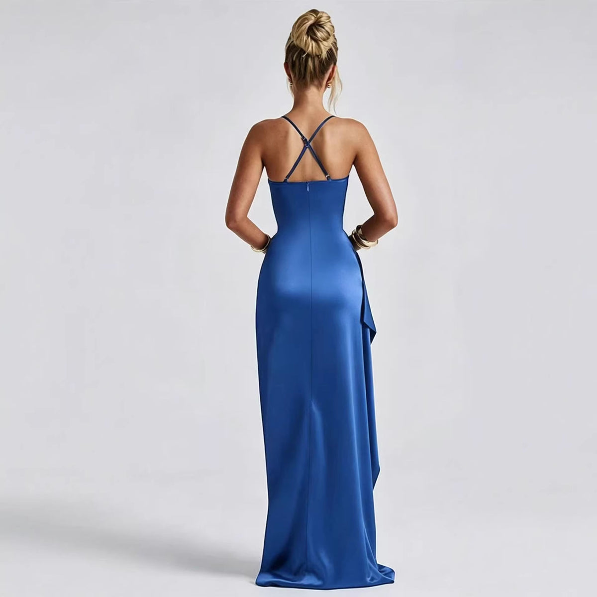 Slim-Fit Ruched Slit Satin Gown