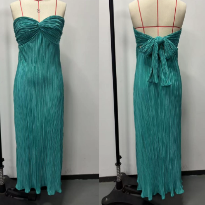 Tube Top Pleated Long Dress with Bow Detail