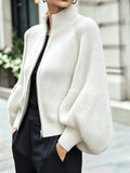 Women's Textured Knit Stand Collar Balloon Sleeve Cardigan