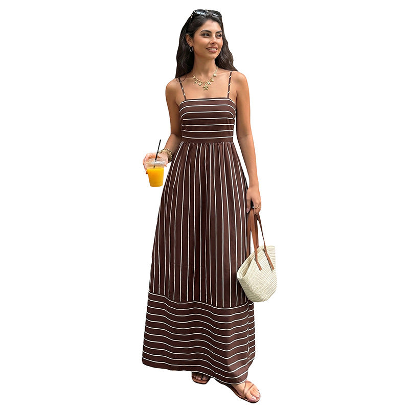 Vintage Striped Maxi Dress with Open Back