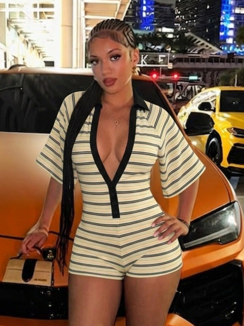 Womens Ribbed V-Neck Bodysuit Shorts