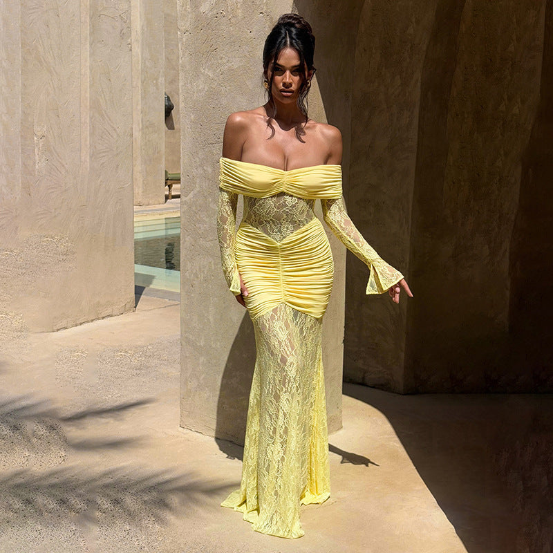 Women?s Sexy Off-Shoulder Cut-Out Long Sleeve Mermaid Maxi Dress Party Gown
