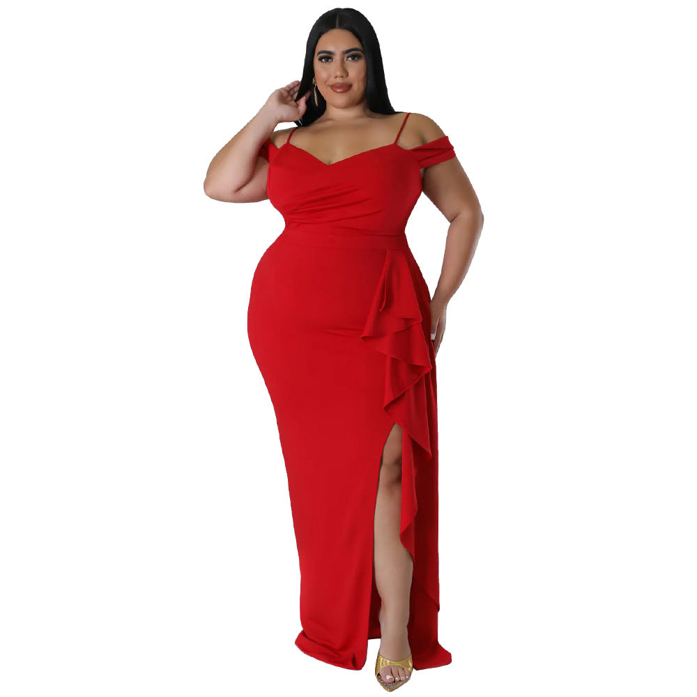 Ruffled Sling Dress with High Slit