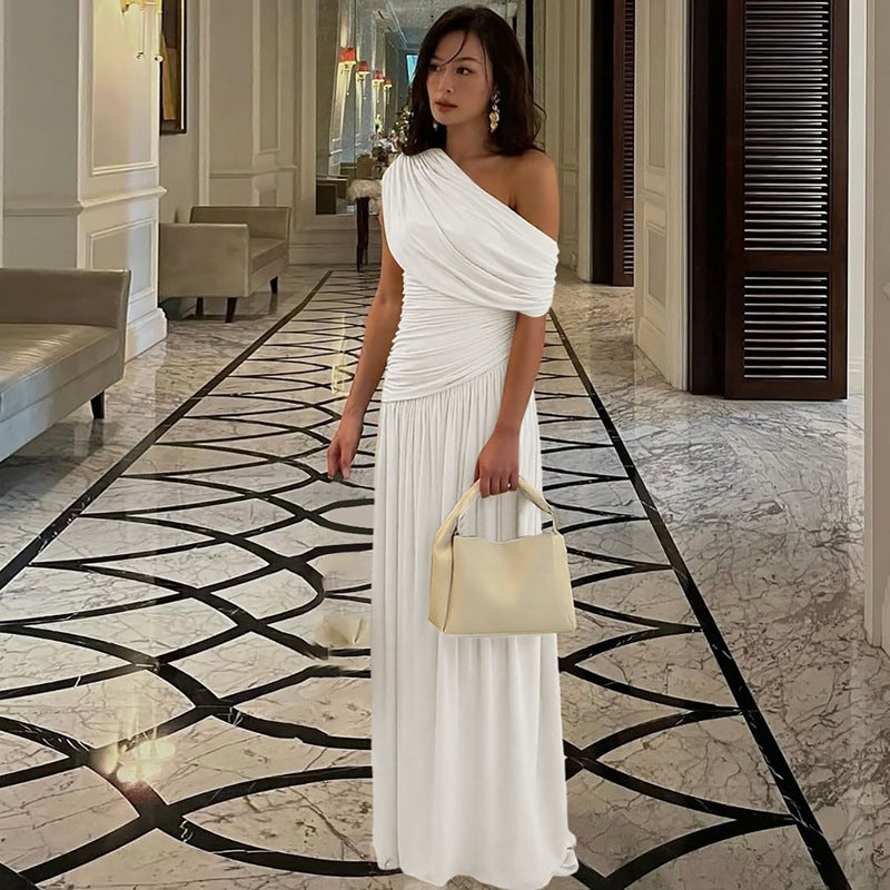 Womens Asymmetrical Neckline Pleated Dress