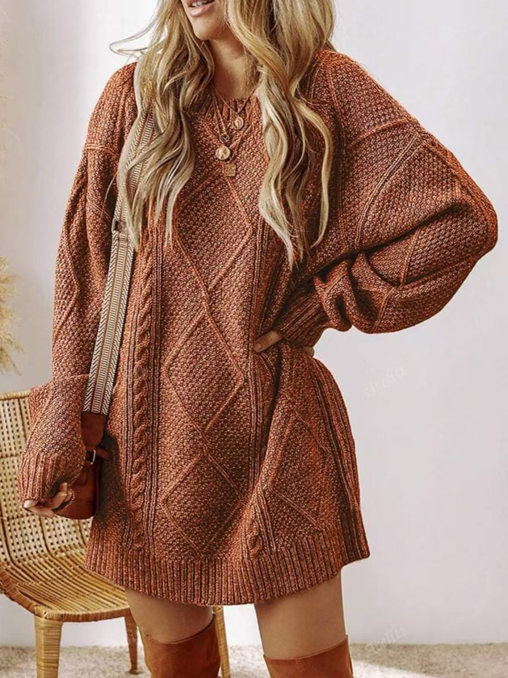 Women's Cable Knit Knee-Length Sweater Dress