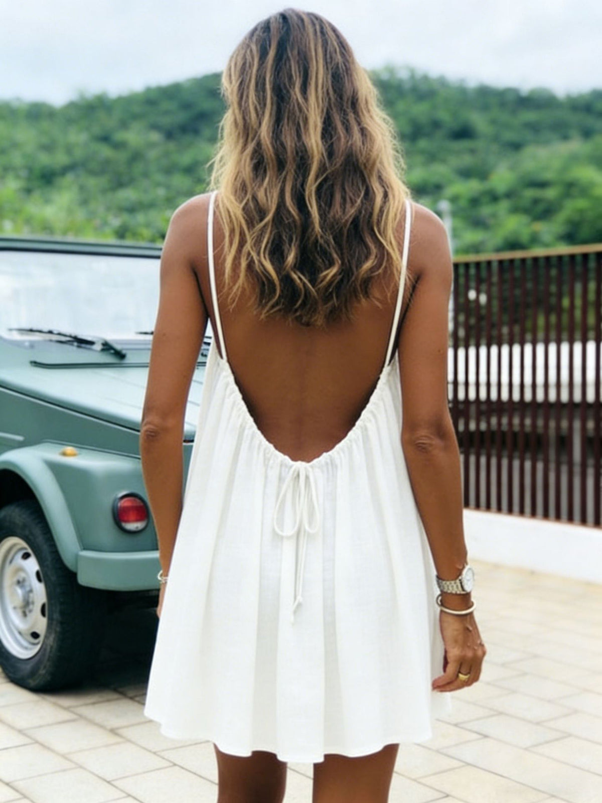 Womens Ruched Backless Ice Silk Short Dress