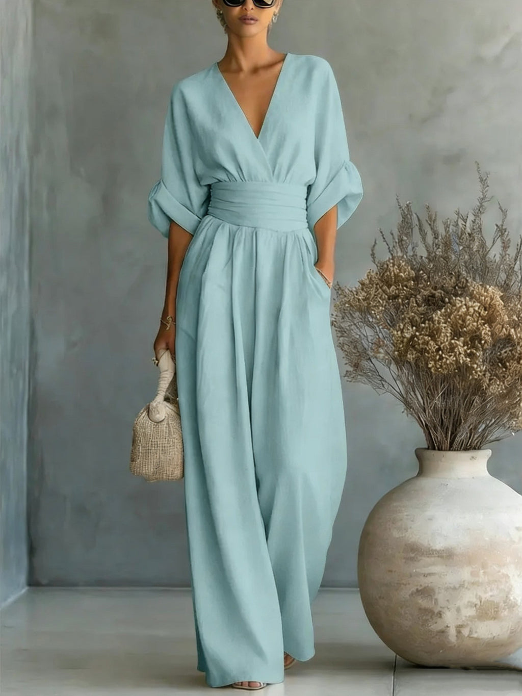 Elegant V Neck Waist Cinching Women Jumpsuit