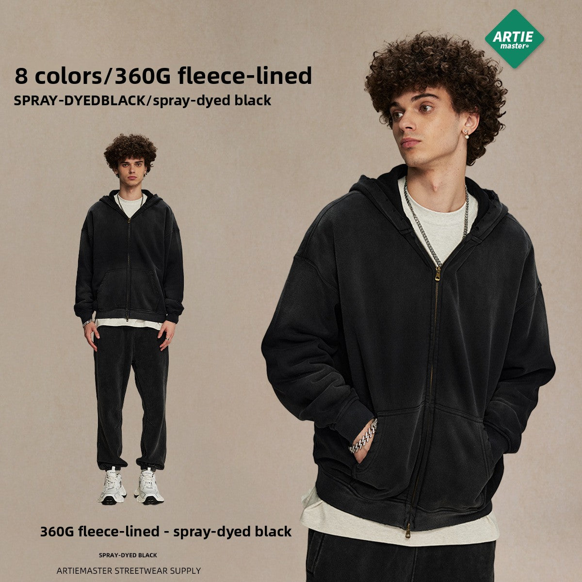Men's garment dyeing distressed and padded double-headed zipper sweatshirt and pants set