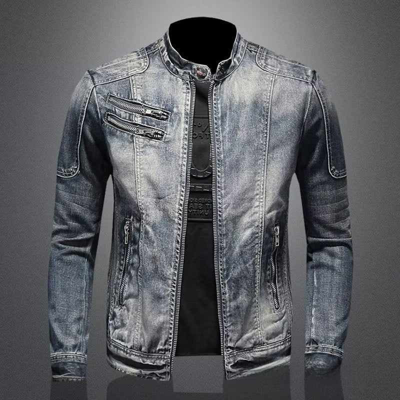 Men's Retro Solid Color Stand Collar Denim Jacket Casual Long Sleeve Outerwear