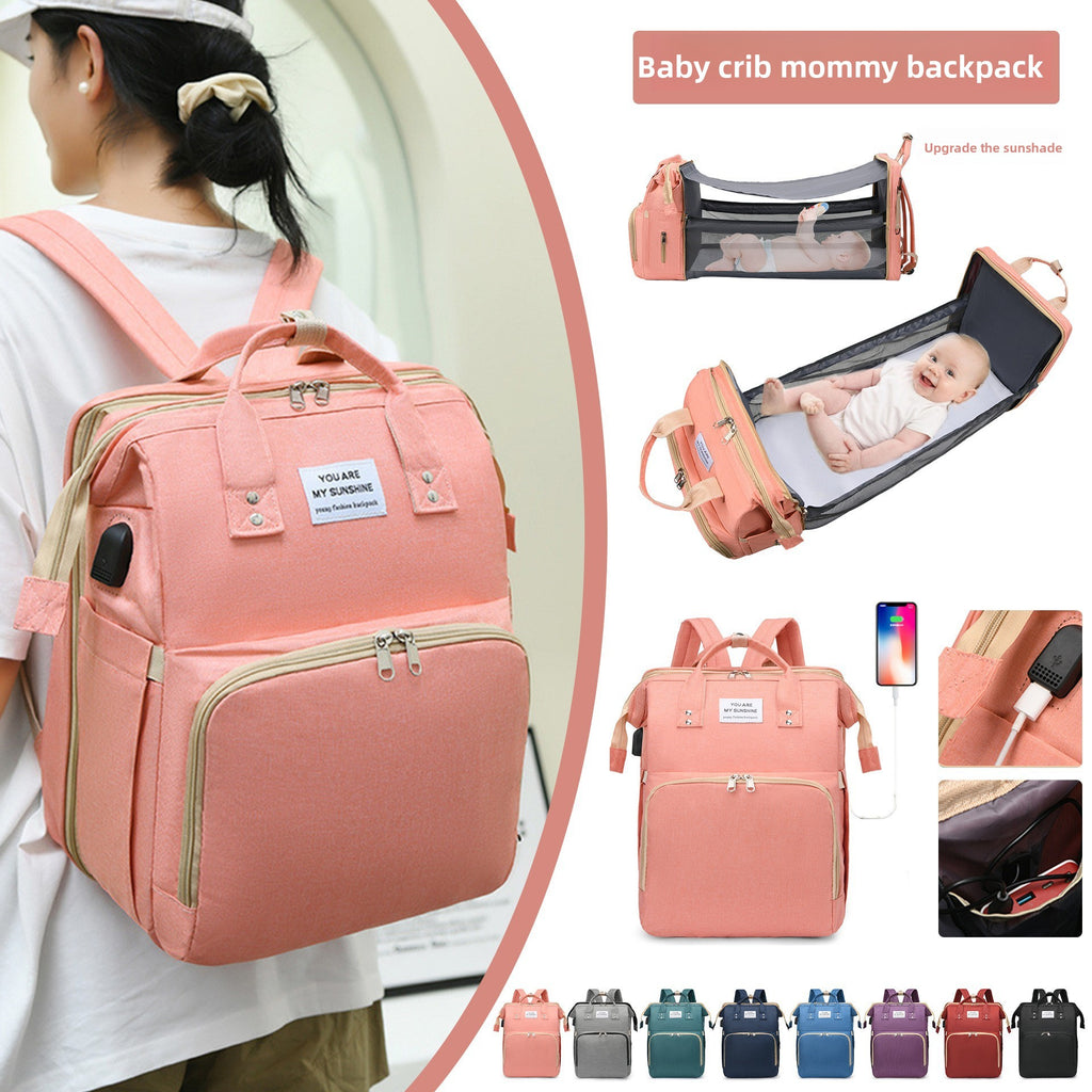 Multifunctional Mommy Backpack with Baby Crib Large Capacity Waterproof Diaper Bag