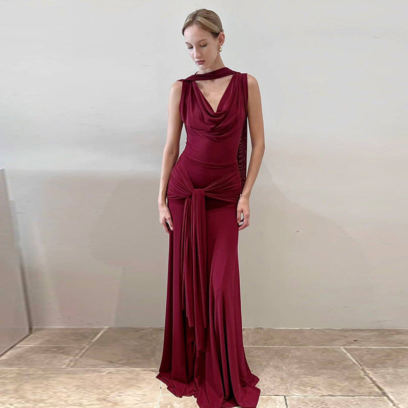 Elegant V-Neck Backless Mesh Long Dress