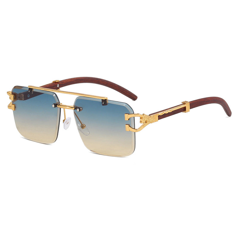 Double Beam Rimless Square Sunglasses Wood Grain UV Protection