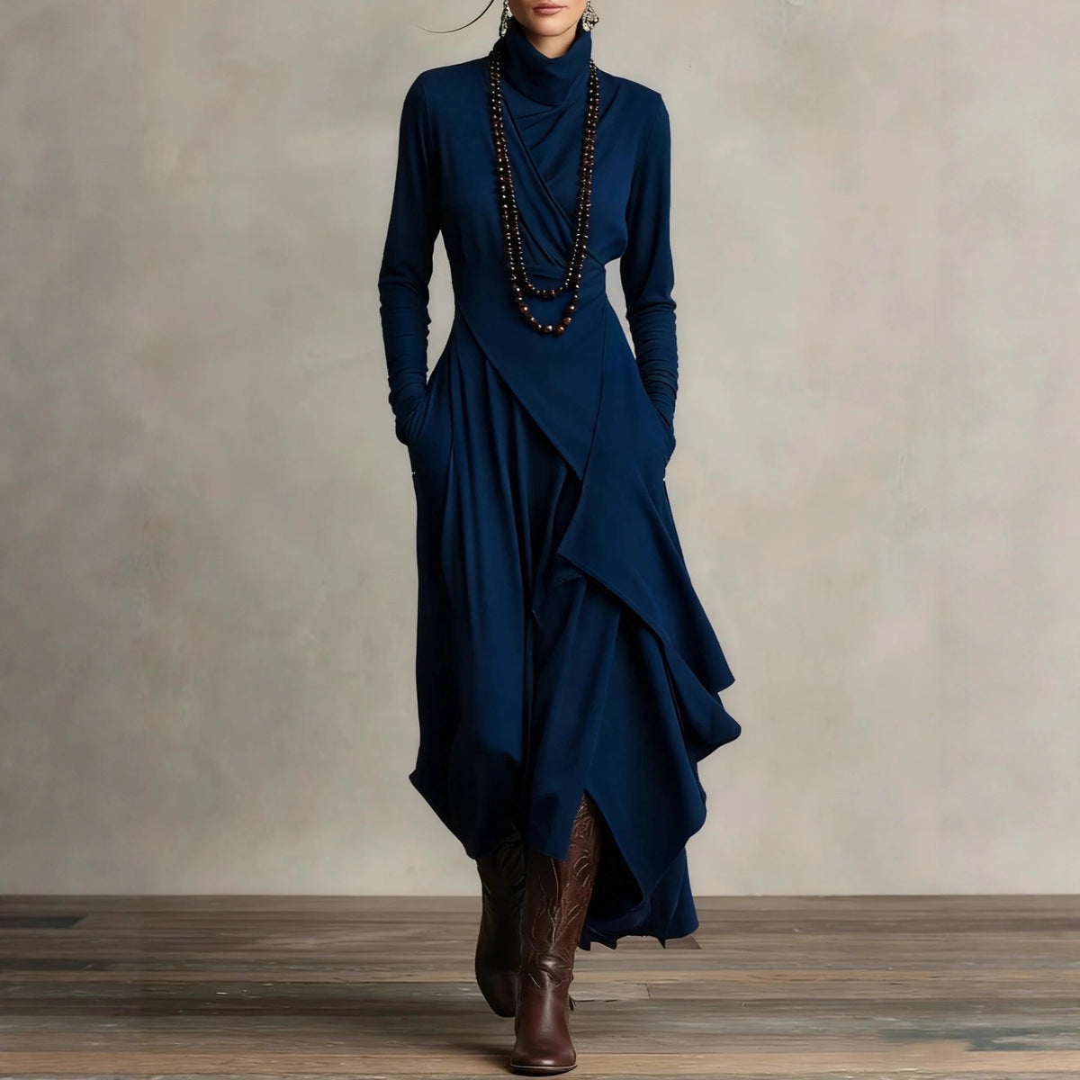Women's Solid Color Long Sleeve A-Line Knitted Maxi Dress with Half Turtleneck