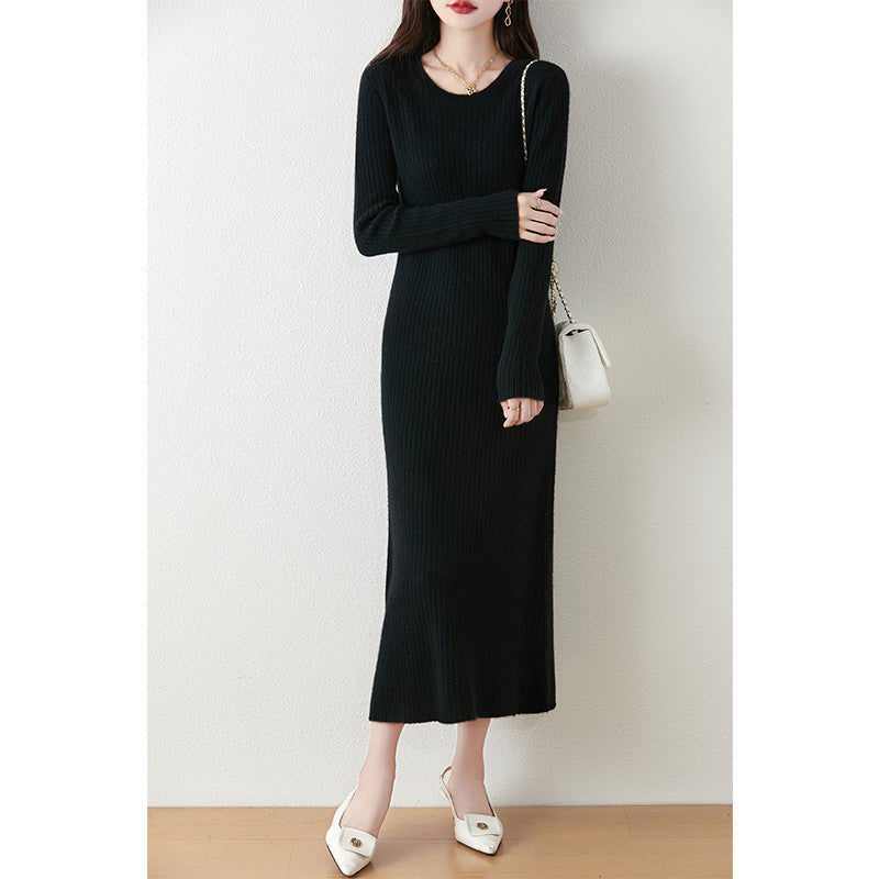 Women's Solid Wool Knitted Maxi Dress Round Neck Slim Fit Long Sleeve
