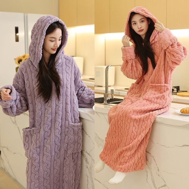 Women Hooded Coral Fleece Warm Long Sleeve Nightgown
