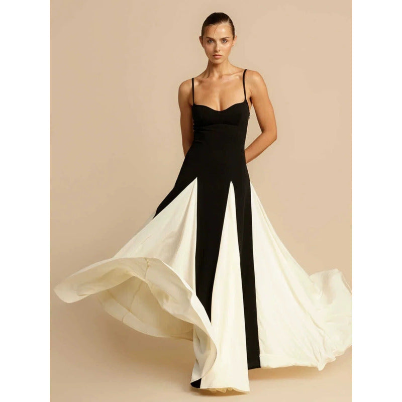 French Style Black White Color Block Slim Fit Long Dress