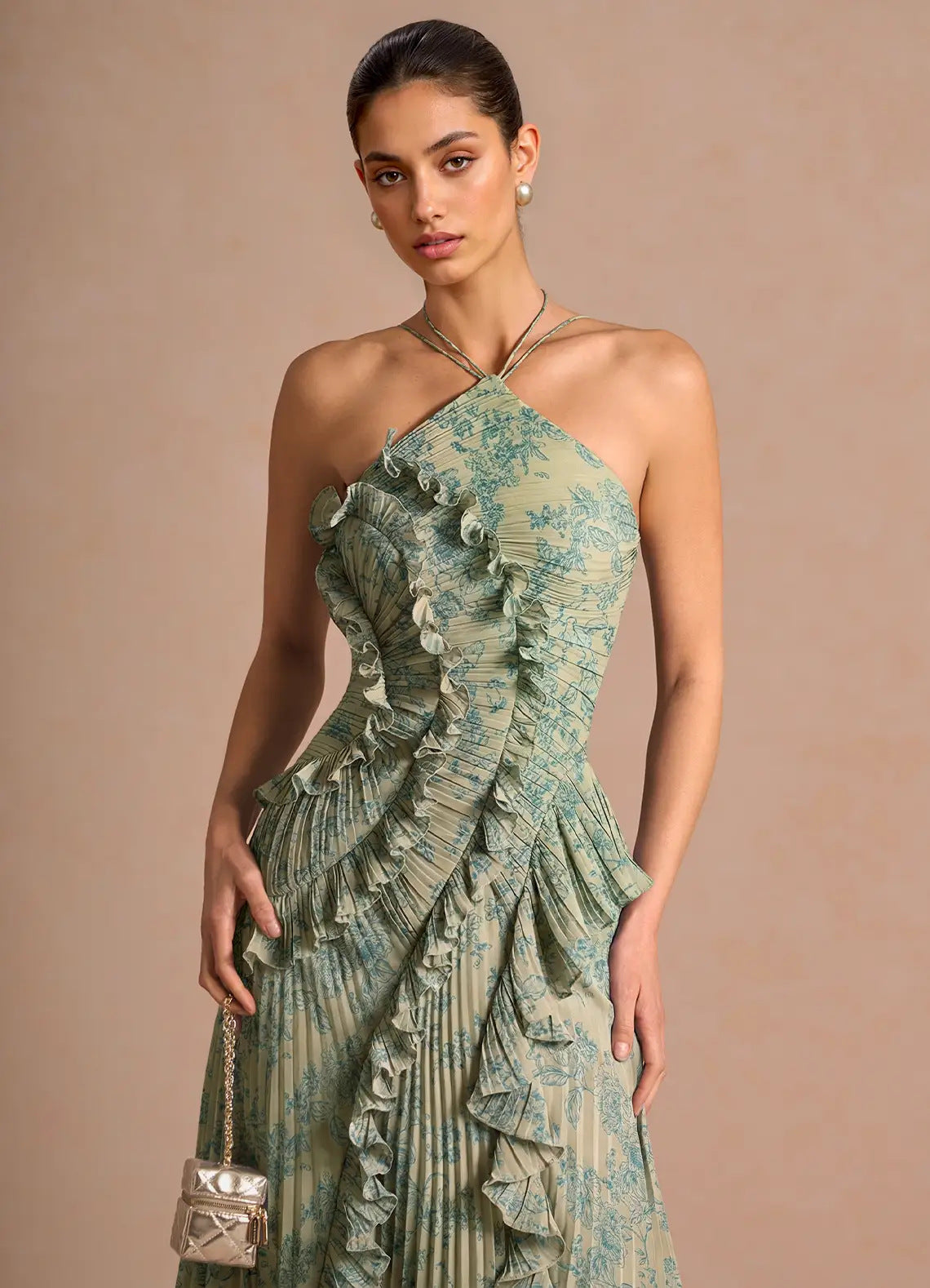 Women's Pleated Chiffon Midi Dress Floral Print Evening Gown
