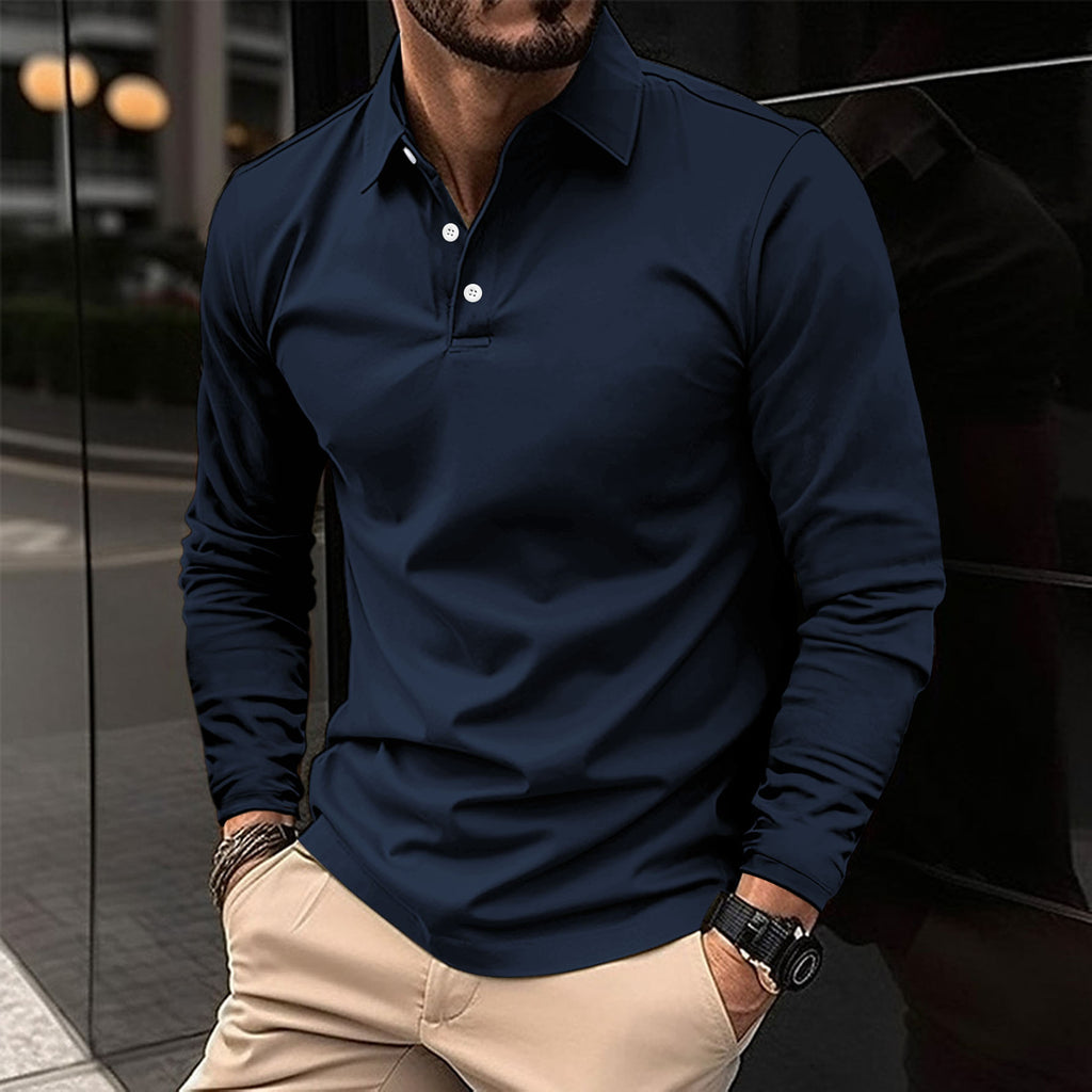 Mens Long Sleeve Solid Color Polo Shirt Casual Cotton Blend Button Down