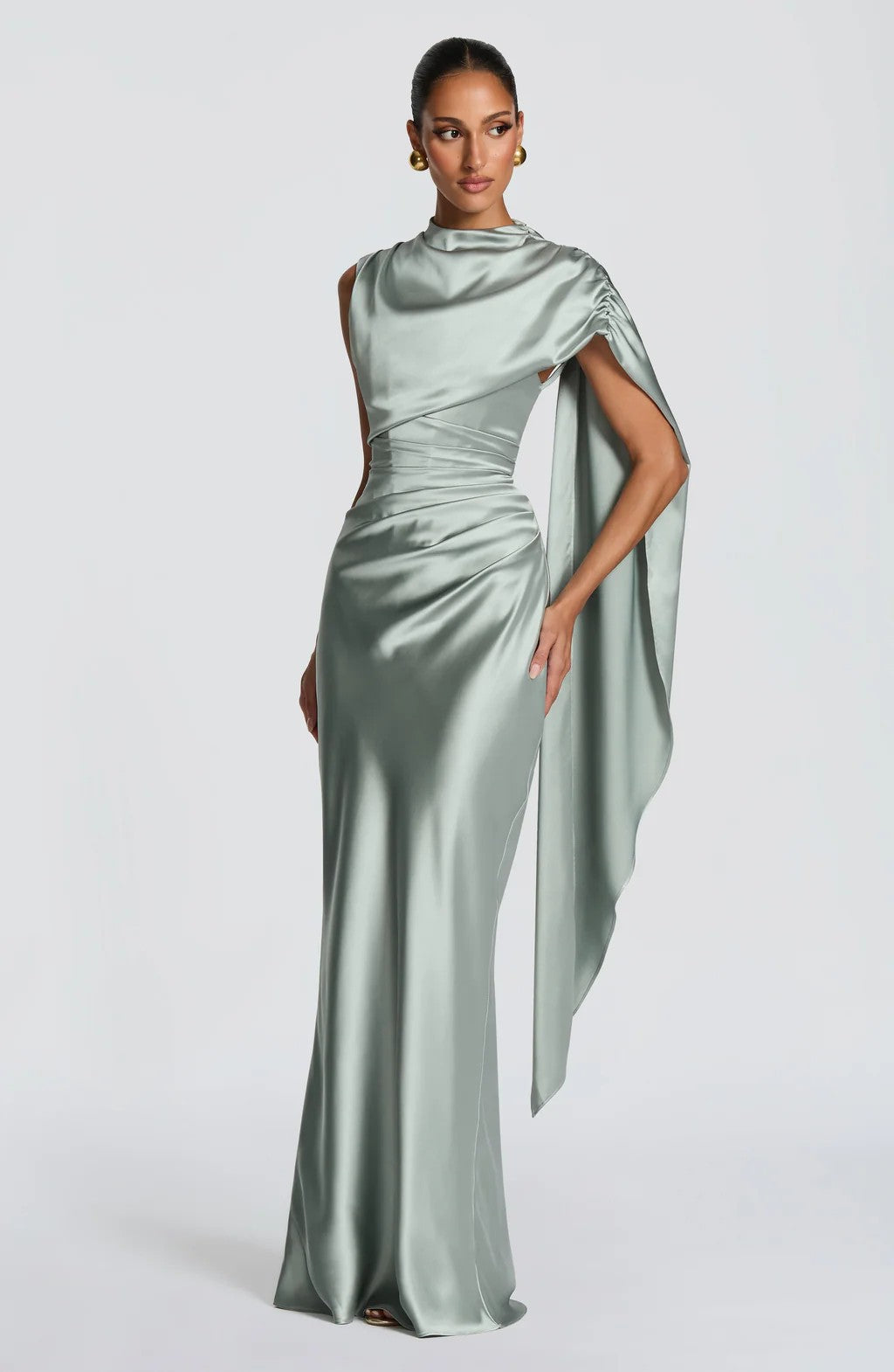 High-End Satin One-Shoulder Ribbon Waist Fishtail Gown