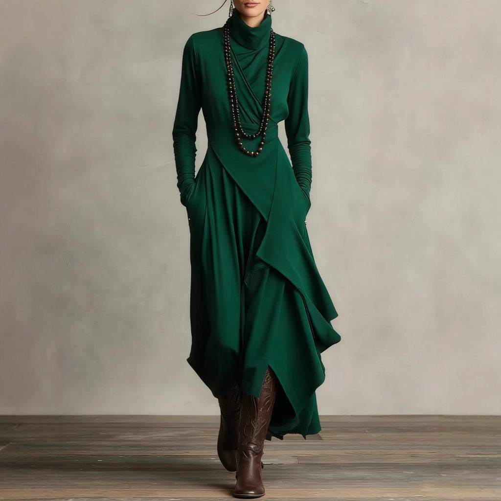 Women's Solid Color Long Sleeve A-Line Knitted Maxi Dress with Half Turtleneck