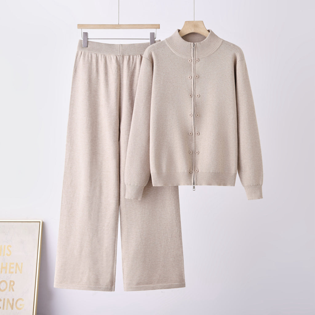Women Thickened Half-High Neck Knit Suit Long Sleeve Zipper Button Solid Color Casual Two-Piece Set