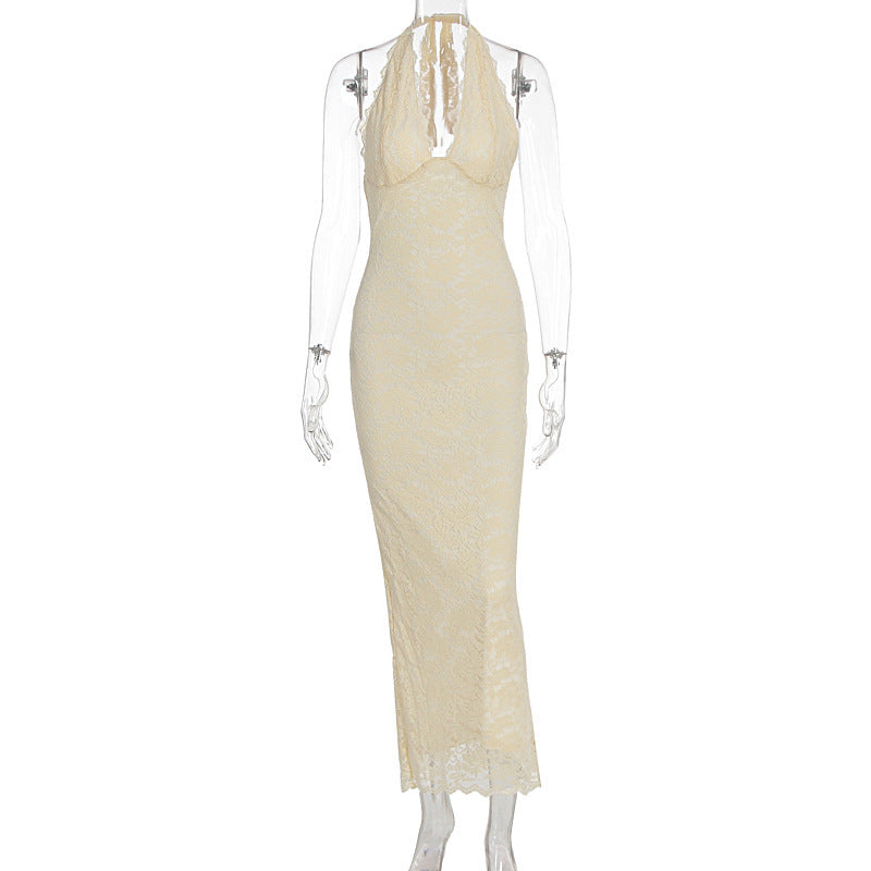 Women's Lace Halter Neck Bodycon Long Dress Sleeveless Backless V-Neck