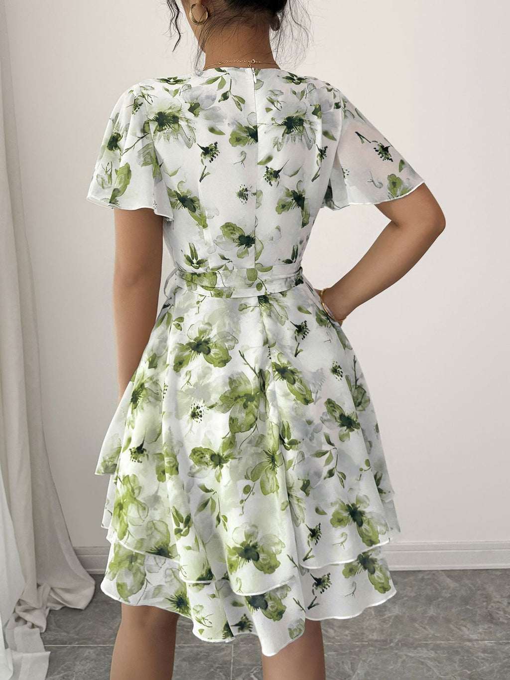 Womens Floral Print V-Neck Short Sleeve Bohemian Swing Dress