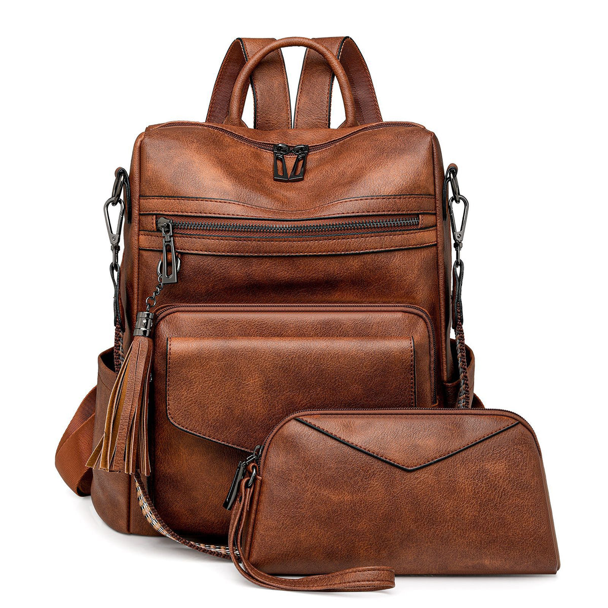 Women PU Vintage Backpack Tassel Dual-Color