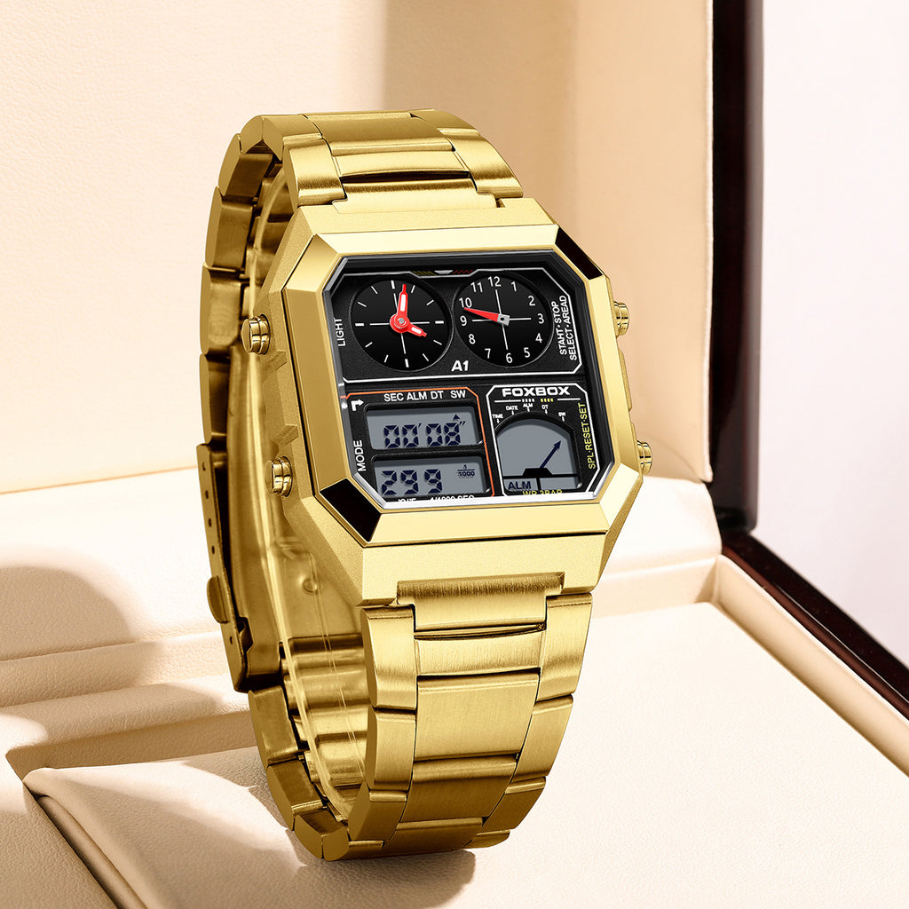 Foxbox Square Men Multifunction Digital Analog Stainless Steel Waterproof Watch