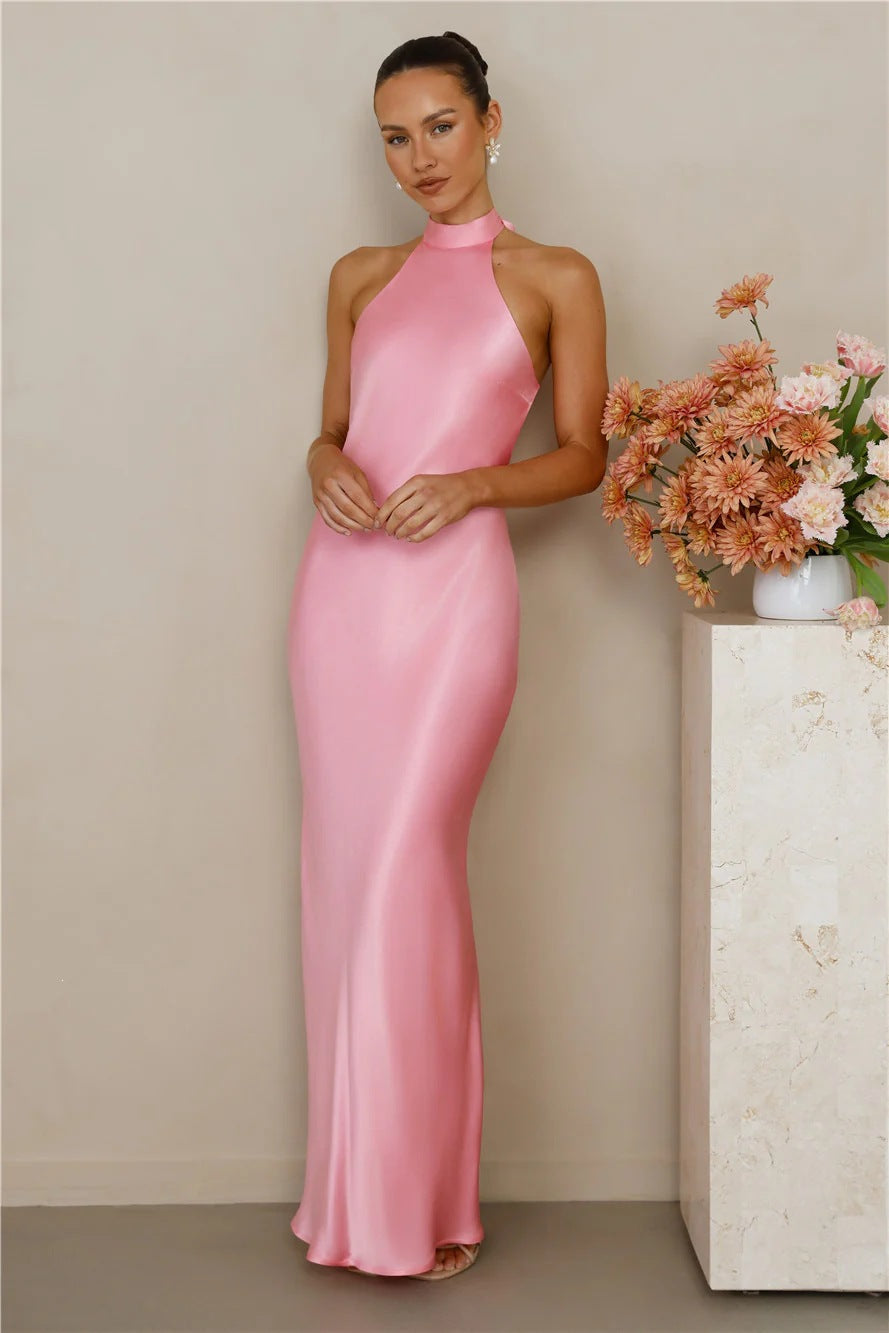 Women Satin Halter Neck Tie Slim Fit Long Dress