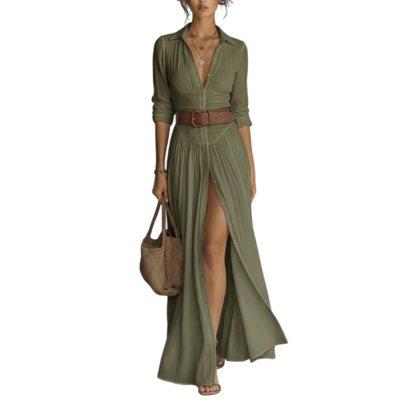 Womens V-Neck Belted Shirt Dress