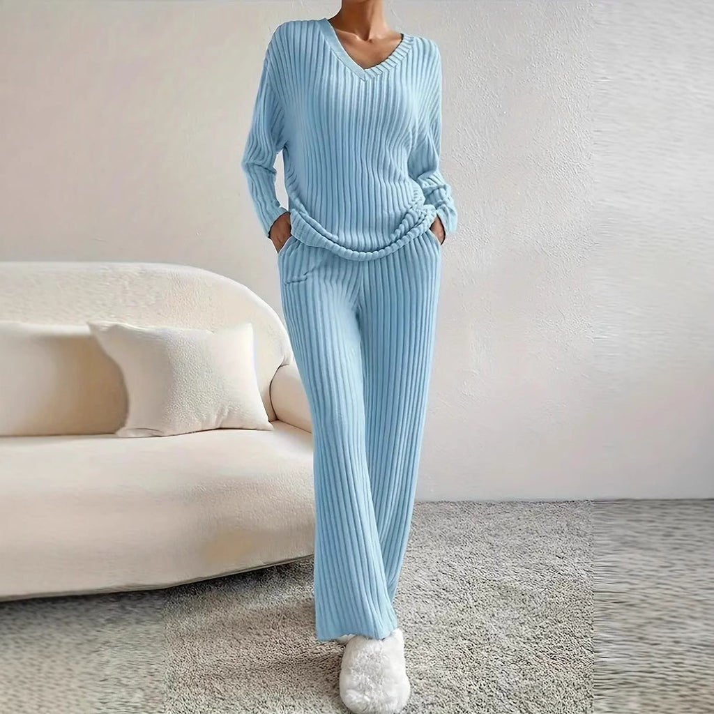 Home Casual Straight Pants Elegant Loose V-neck Pit Two-piece Set