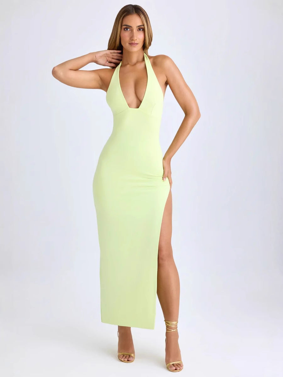 Elegant Off-Shoulder Halter Neck Slit Dress