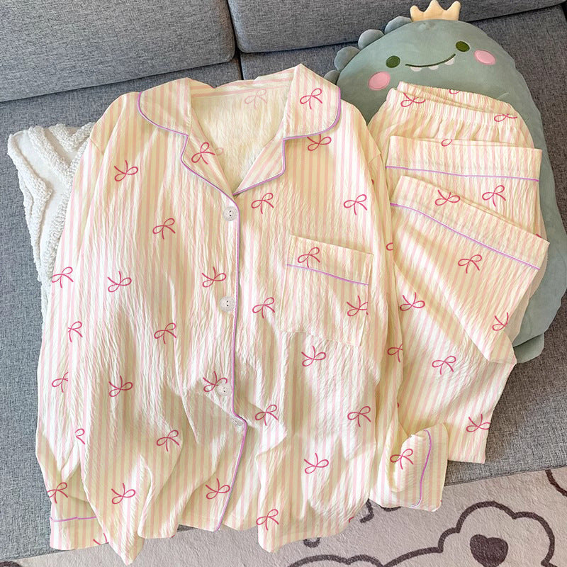 Womens Long Sleeve Pajama Set with Bow Design