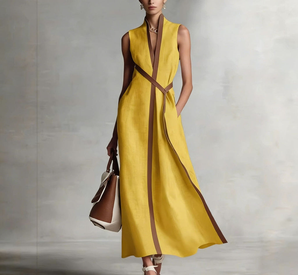 Stand Collar Sleeveless Color Block Loose Dress