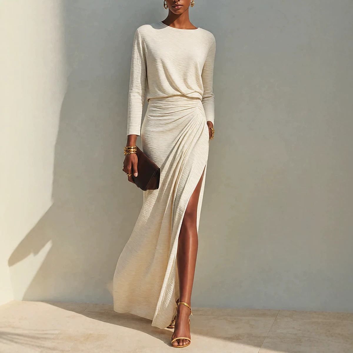 Womens Round Neck Long Sleeve Solid Color High Slit Bodycon Dress