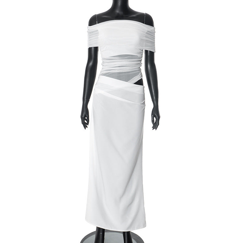 Mesh Off-Shoulder Pleated Dress